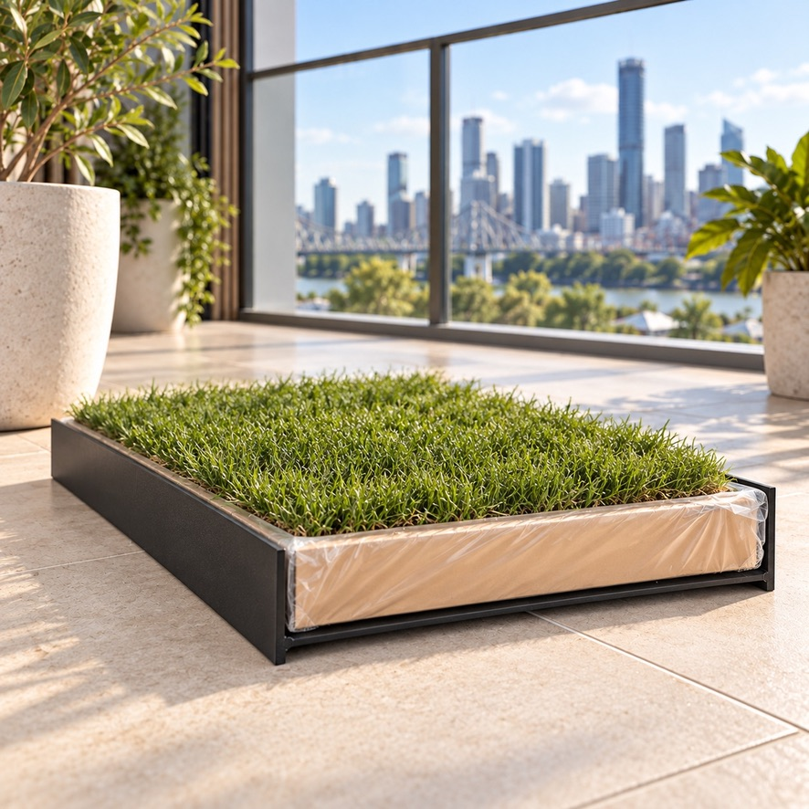 Reusable tray underneath a real grass potty on a balcony
